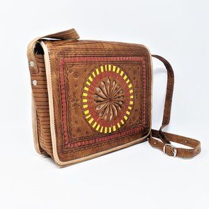 Handmade tan leather handbag w/ embossed & cutout mandala pattern, form …